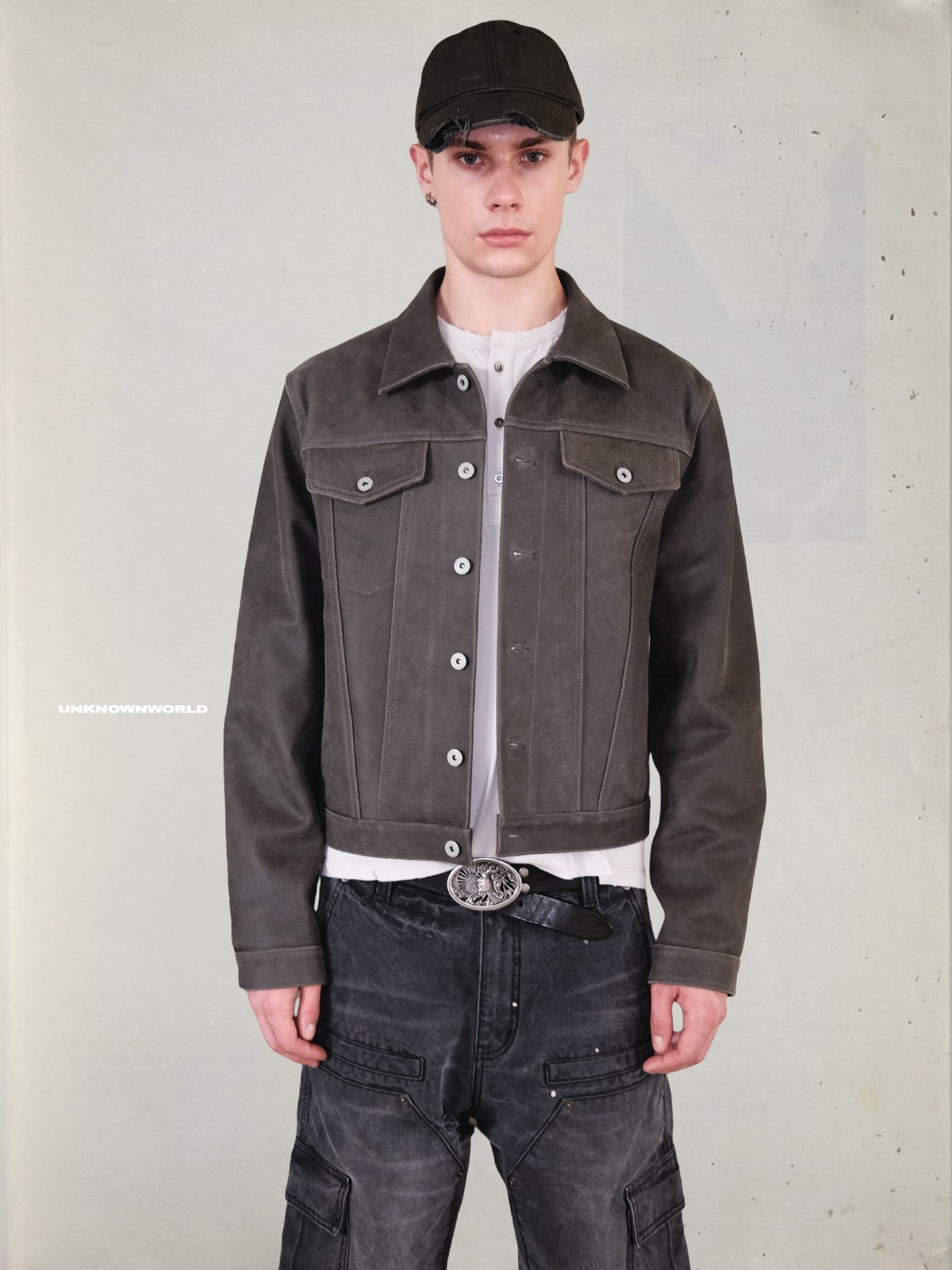 UNKNOWNWORLD Cracked Leather Type 3 Jacket in Green - On Male Model
