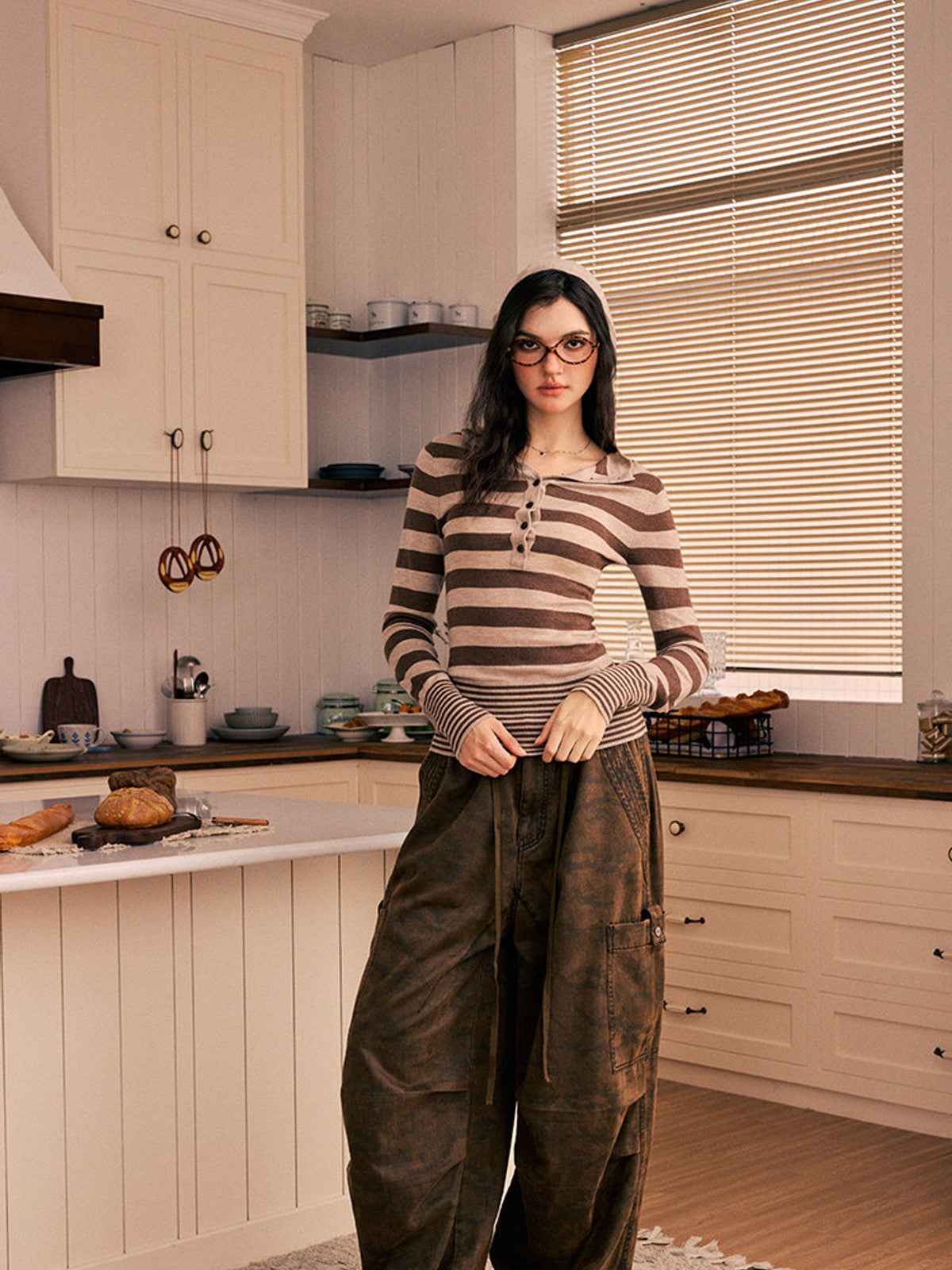 BEERBRO Washed Camo Parachute Cargo Pants in Brown - On Female Model