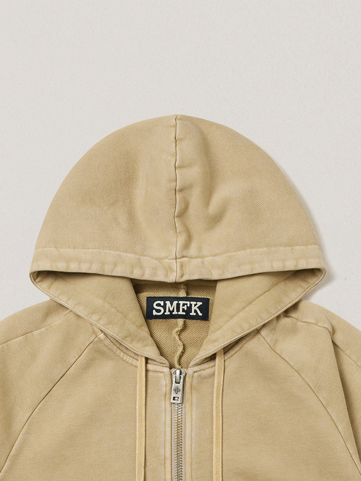 SMFK Garment Dyed Cotton Zip Up Hoodie in Beige - Detail