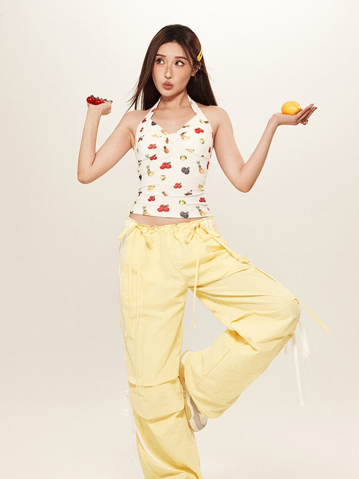 BEERBRO Drawstring Wide Leg Parachute Pants in Yellow - On Female Model