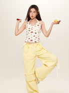 BEERBRO Drawstring Wide Leg Parachute Pants in Yellow - On Female Model