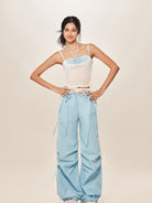 BEERBRO Drawstring Wide Leg Parachute Pants in Sky Blue - On Female Model