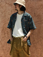 USAGE Cowboy Print Cotton Hawaiian Shirt in Teal - On Male Model