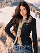 BEERBRO Faux Fur Trim Ribbed Cardigan in Black - On Female Model