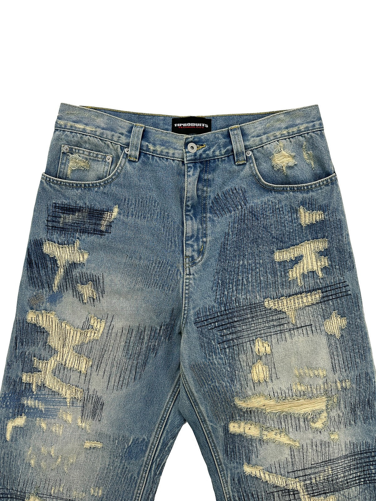 UNKNOWNWORLD Heavyweight Distressed Wide Leg Jeans in Blue - Detail