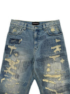 UNKNOWNWORLD Heavyweight Distressed Wide Leg Jeans in Blue - Detail