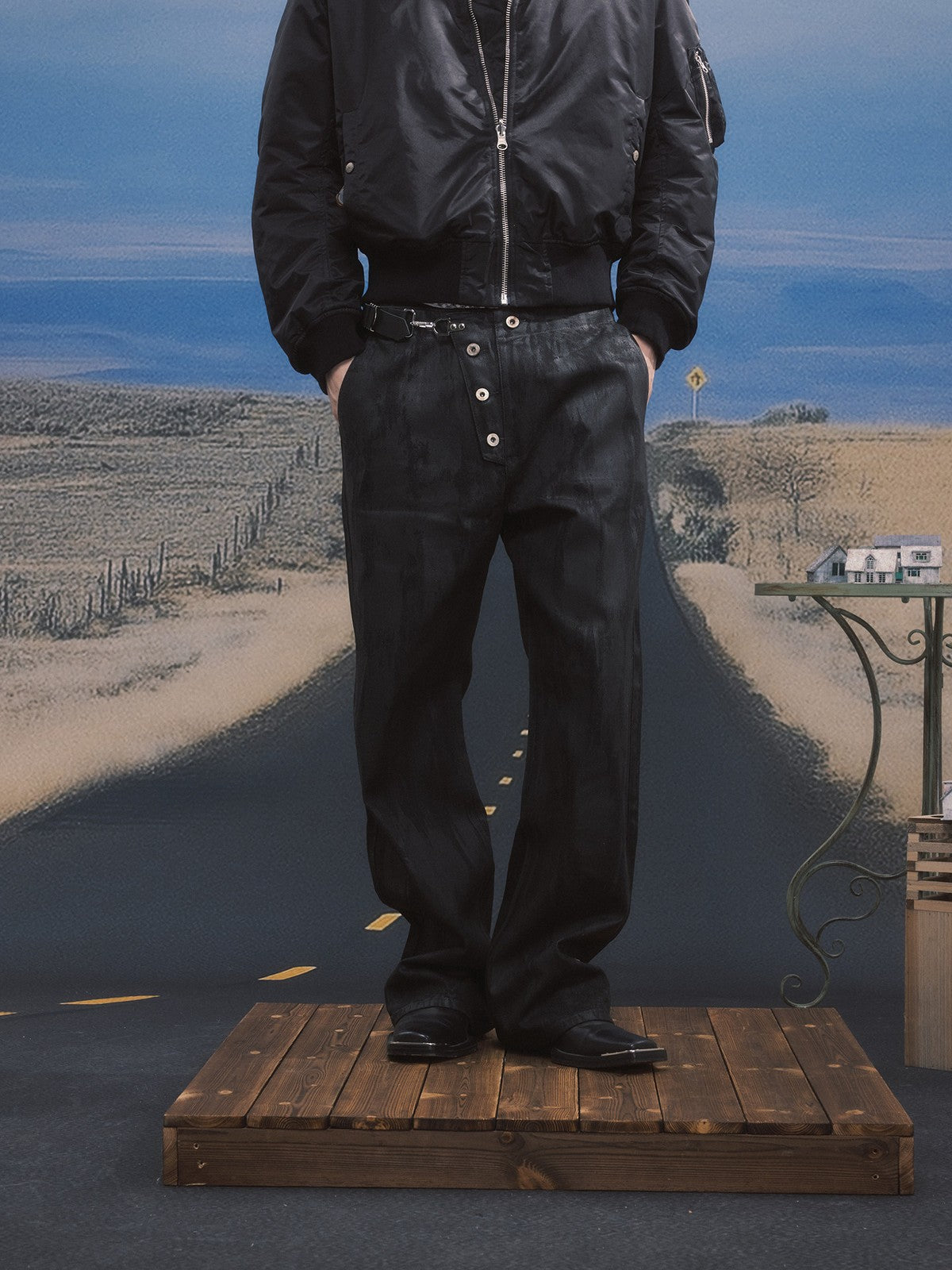SOD Waxed Leather Buckle Jeans in Black - On Model