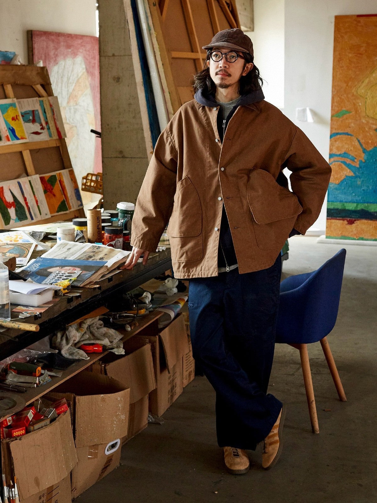 USAGE Heavyweight Canvas Hunting Jacket in Beige - On Male Model