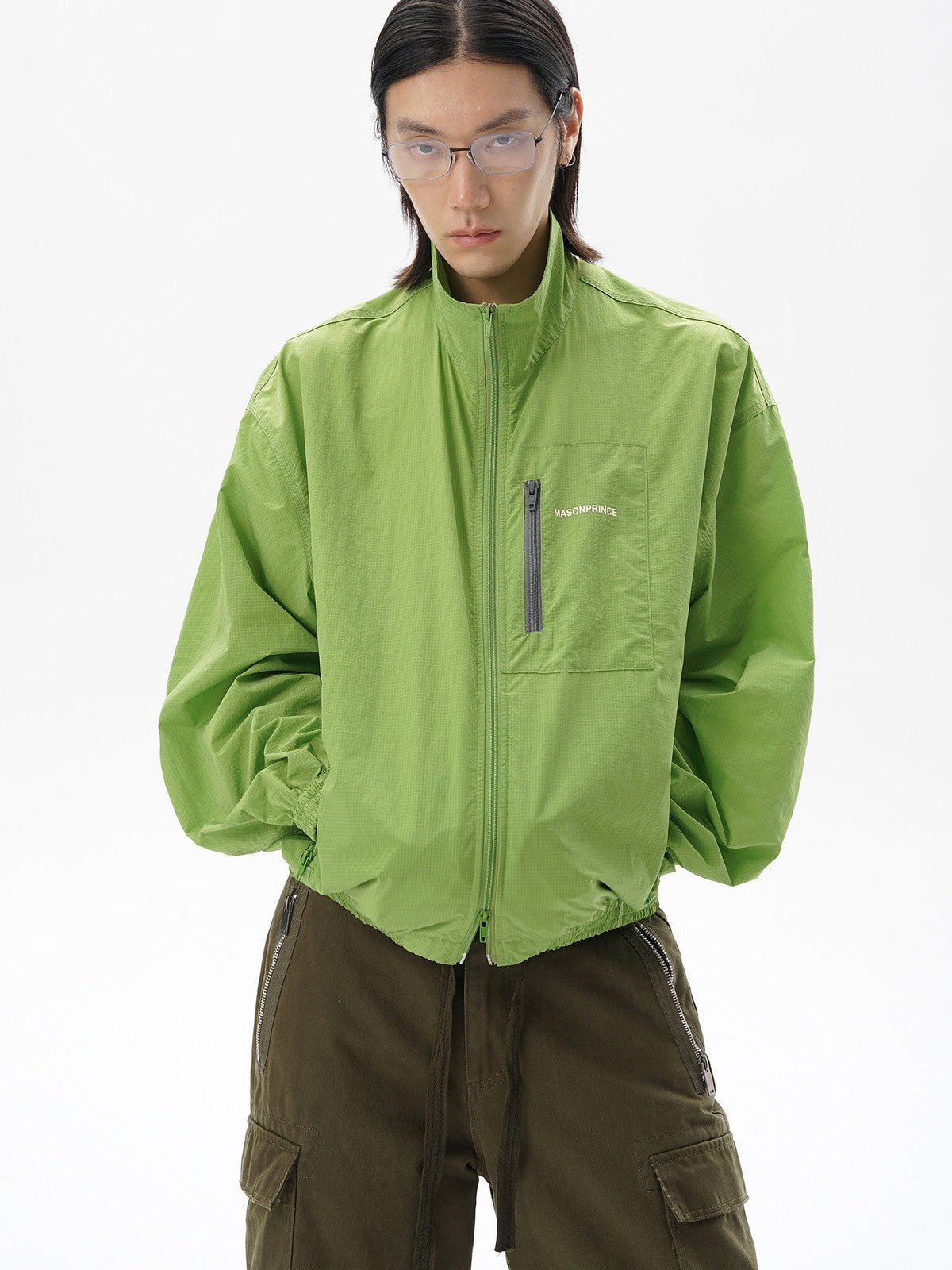 MASONPRINCE Lightweight Tonal Check Nylon Jacket in Green - On Male Model