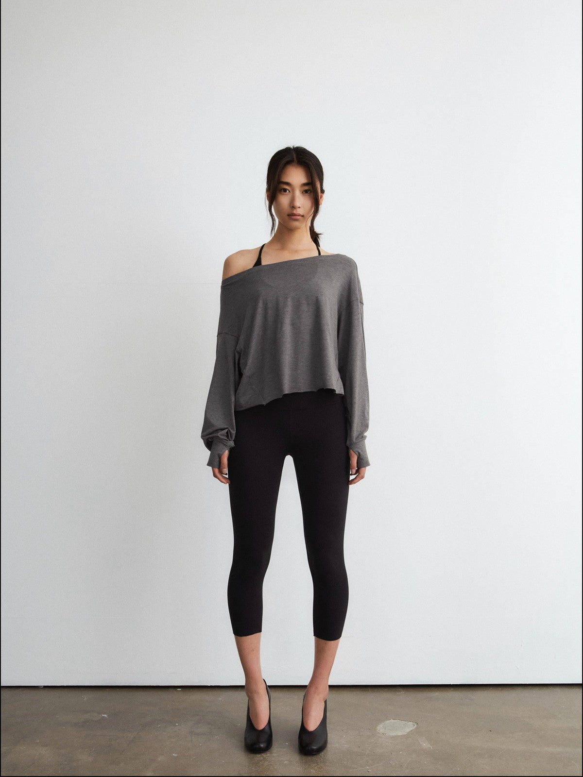FaxCopyExpress Off Shoulder Overlay Sweatshirt in Gray - On Female Model