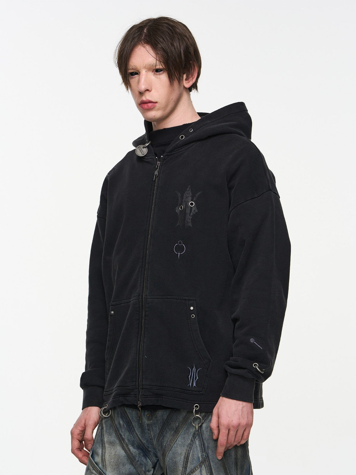 BLINDNOPLAN Washed Distressed Graphic Zip Hoodie in Black - On Male Model