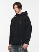 BLINDNOPLAN Washed Distressed Graphic Zip Hoodie in Black - On Male Model
