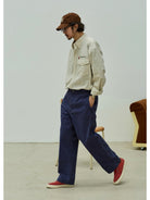 USAGE Oversized Micro Check Button Down Shirt in Cream - On Male Model