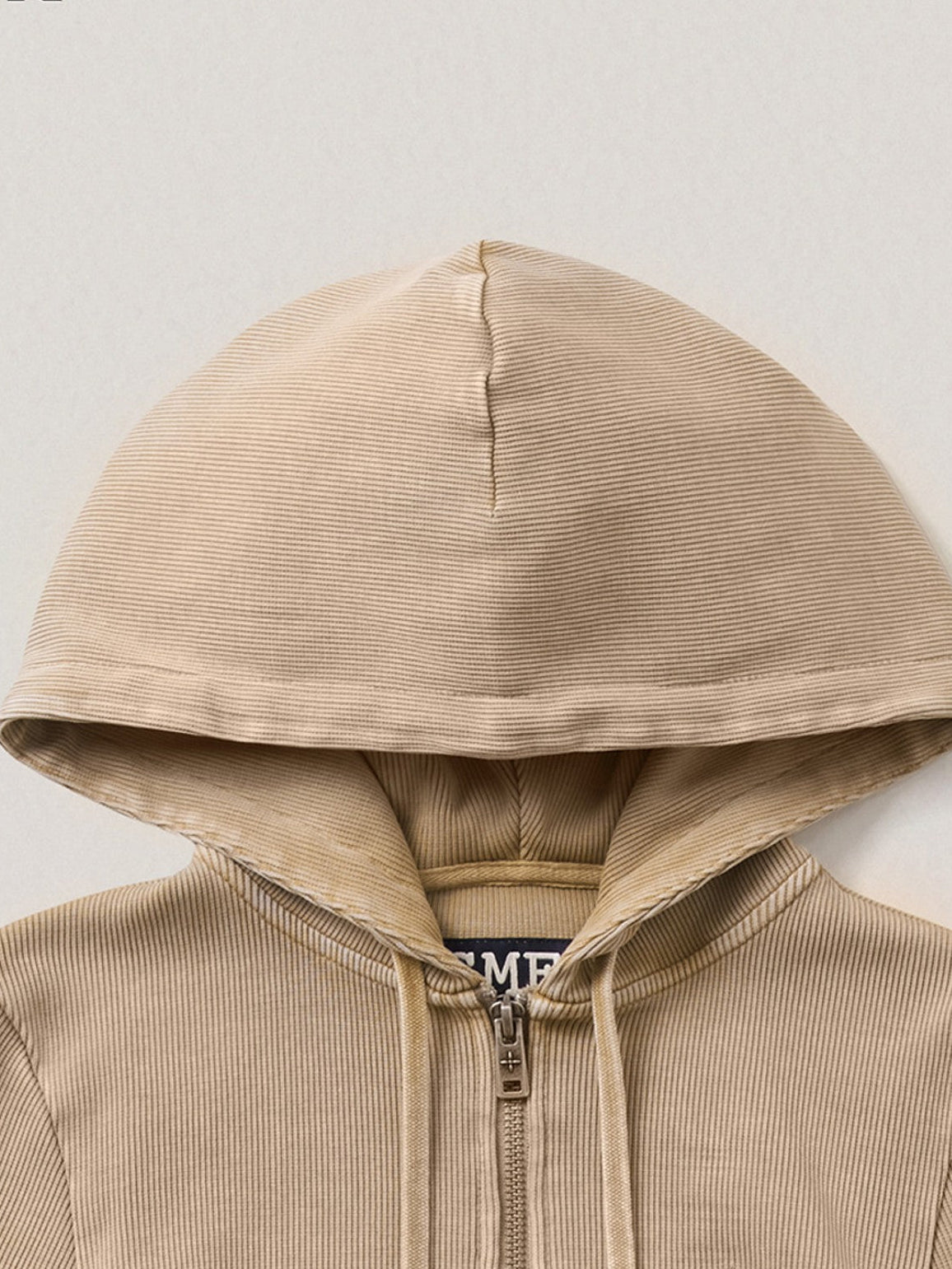 SMFK Washed Ribbed Zip Up Hoodie in Beige - Detail