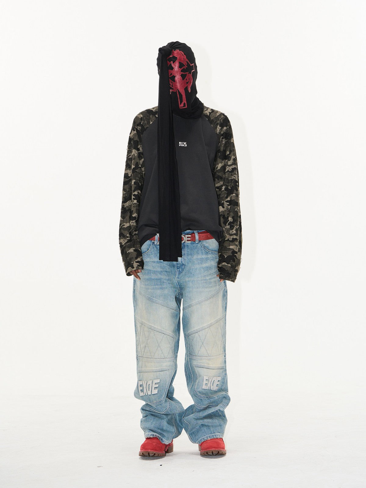 BLINDNOPLAN Paneled Embroidered Distressed Denim Pants in Blue - On Model