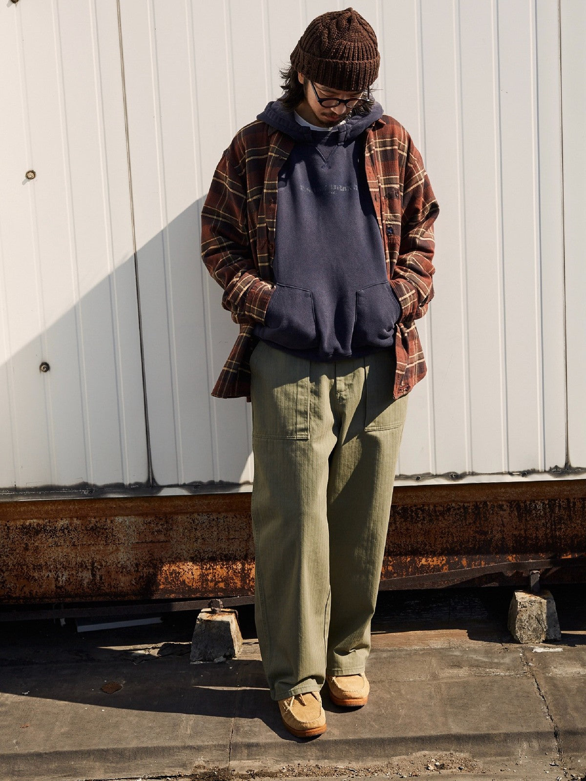 USAGE Heavyweight Herringbone Baker Pants in Olive - On Male Model