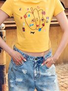 BEERBRO Embroidered Apple Crop Tee in Yellow - On Female Model