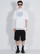 BLINDNOPLAN Asymmetric Striped Suit Shorts in Black - On Male Model