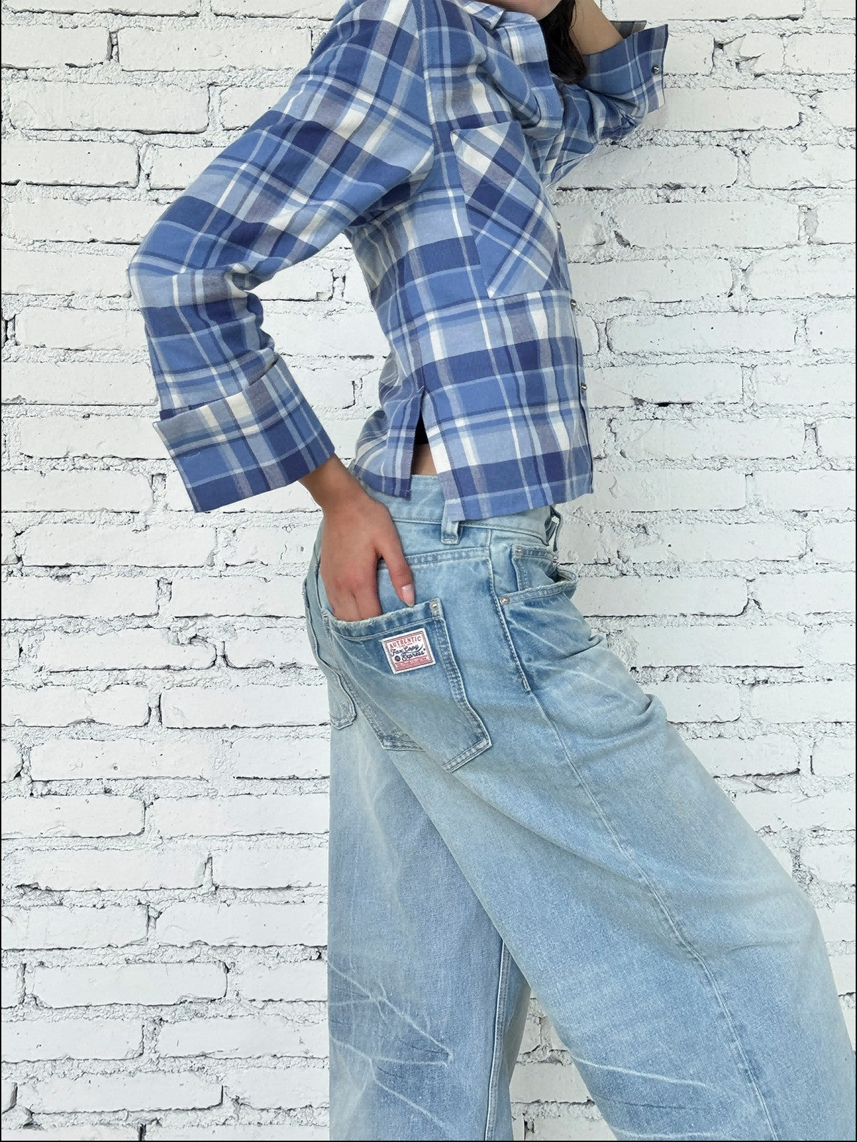 FaxCopyExpress Washed Cotton Gardener Jeans in Blue - On Female Model