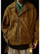 USAGE Distressed Faux Suede Moto Jacket in Brown - On Male Model