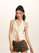 BEERBRO 3D Rose Knit Halter Top in Cream - On Female Model