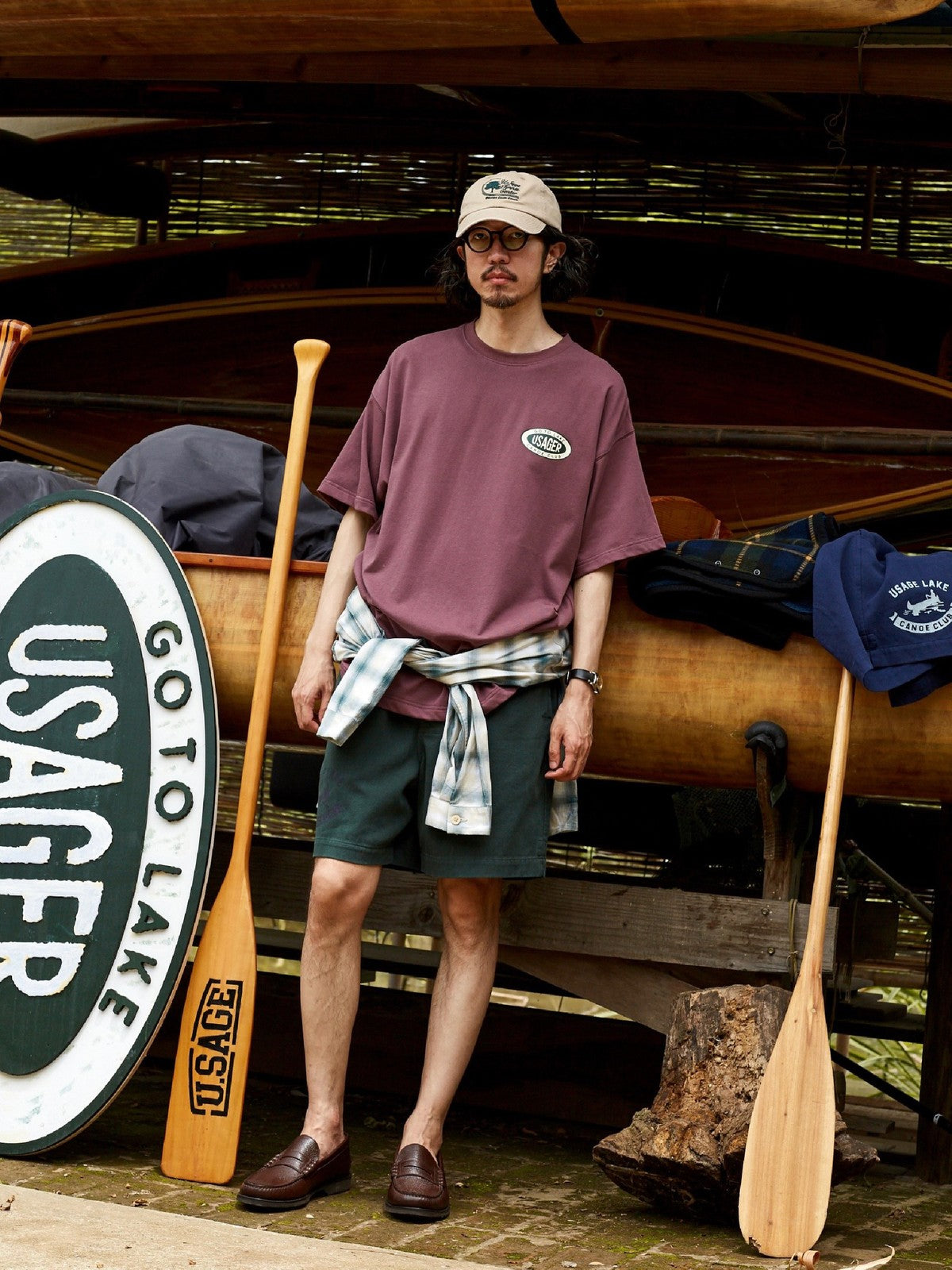 USAGE Canoe Club Graphic Cotton T Shirt in Burgundy - On Male Model