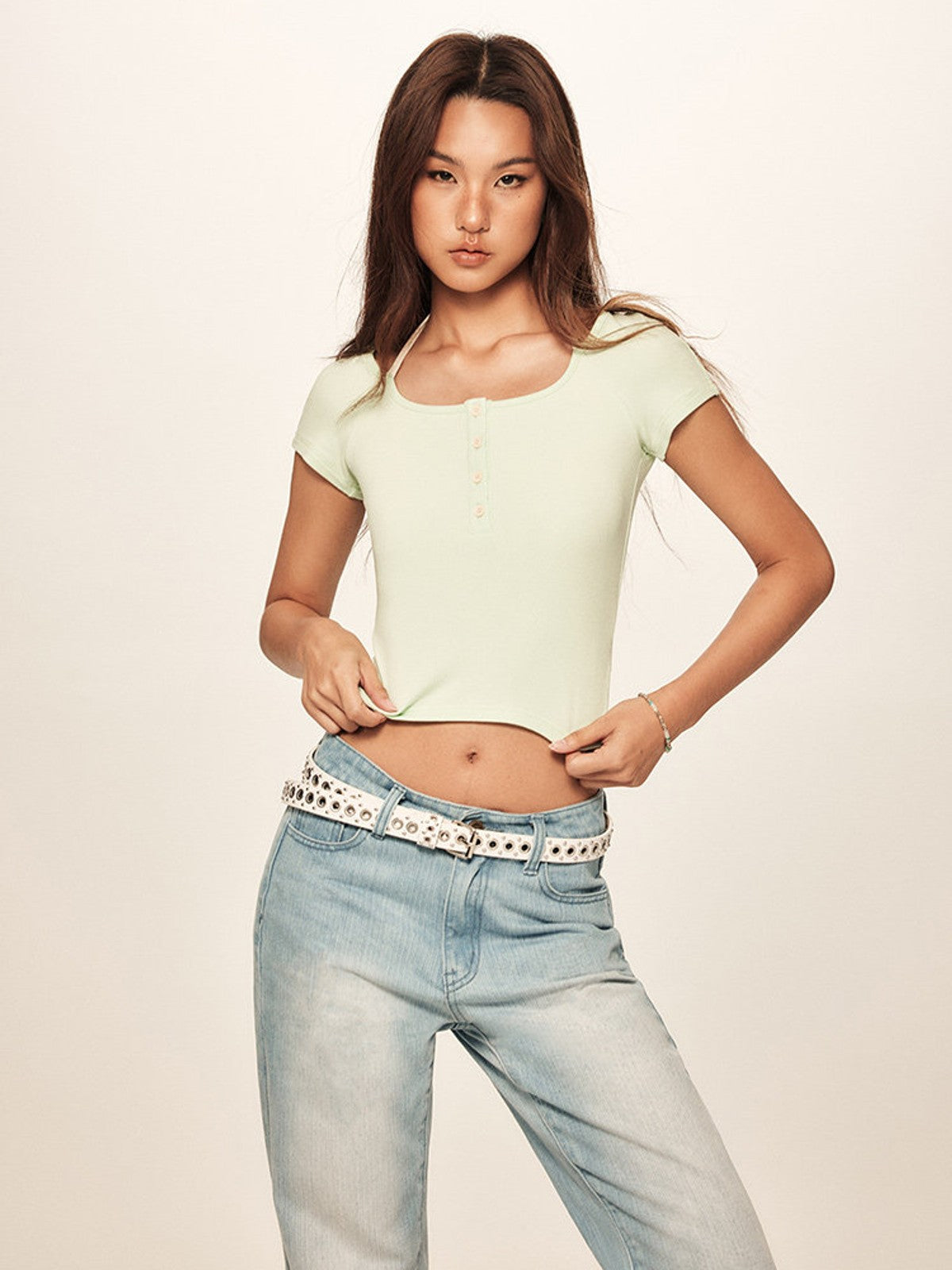 BEERBRO Faux Layered Knit Henley Crop Top in Mint - On Female Model
