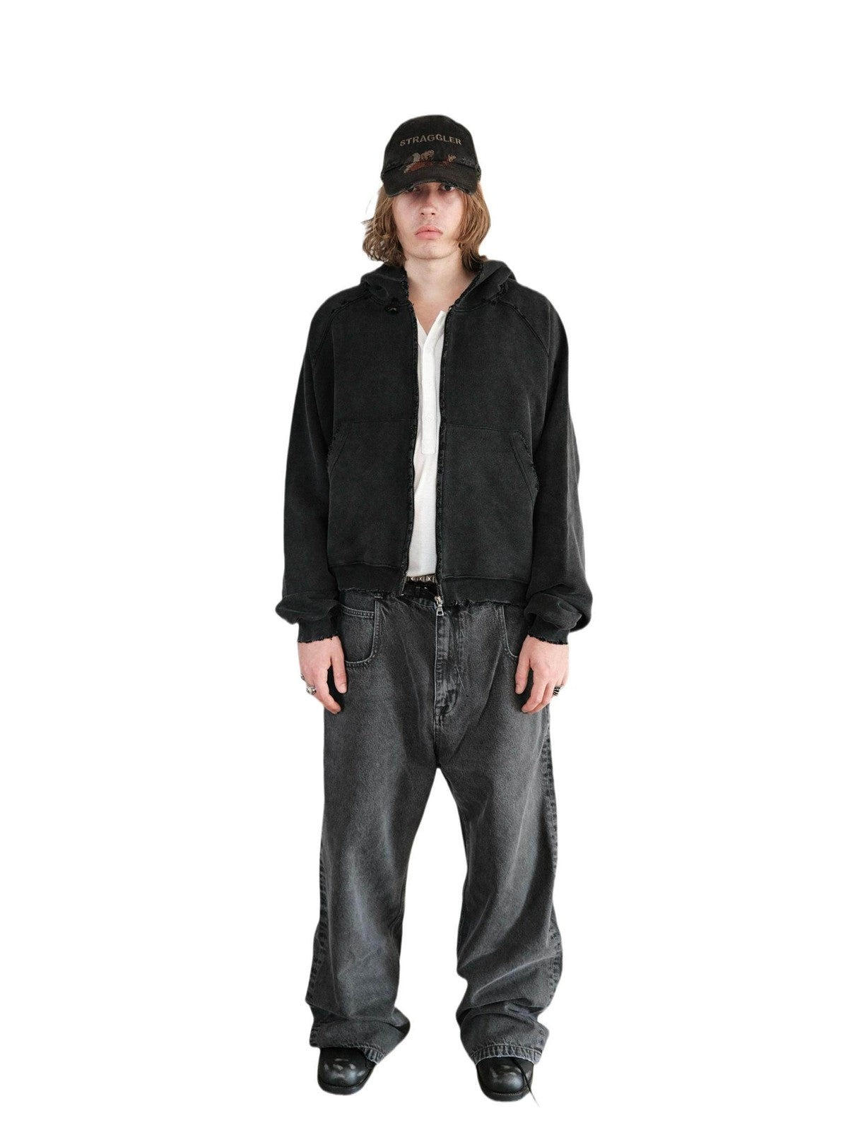 UNKNOWNWORLD Distressed Washed Zip Up Hoodie in Black - On Male Model