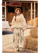 BEERBRO Distressed Cat Graphic Hoodie in Cream - On Female Model