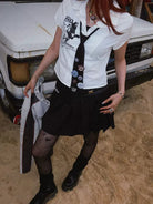 BeerBro Preppy Graphic Badge Necktie in Navy Blue - On Female Model