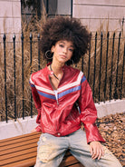 BEERBRO Contrast Stripe Leather Jacket in Red - On Female Model