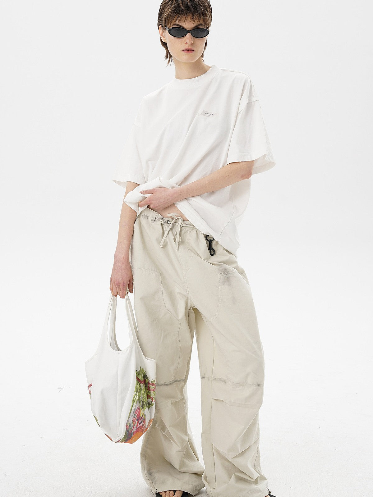 MASONPRINCE Exposed Seam Tape Print T Shirt in White - On Female Model
