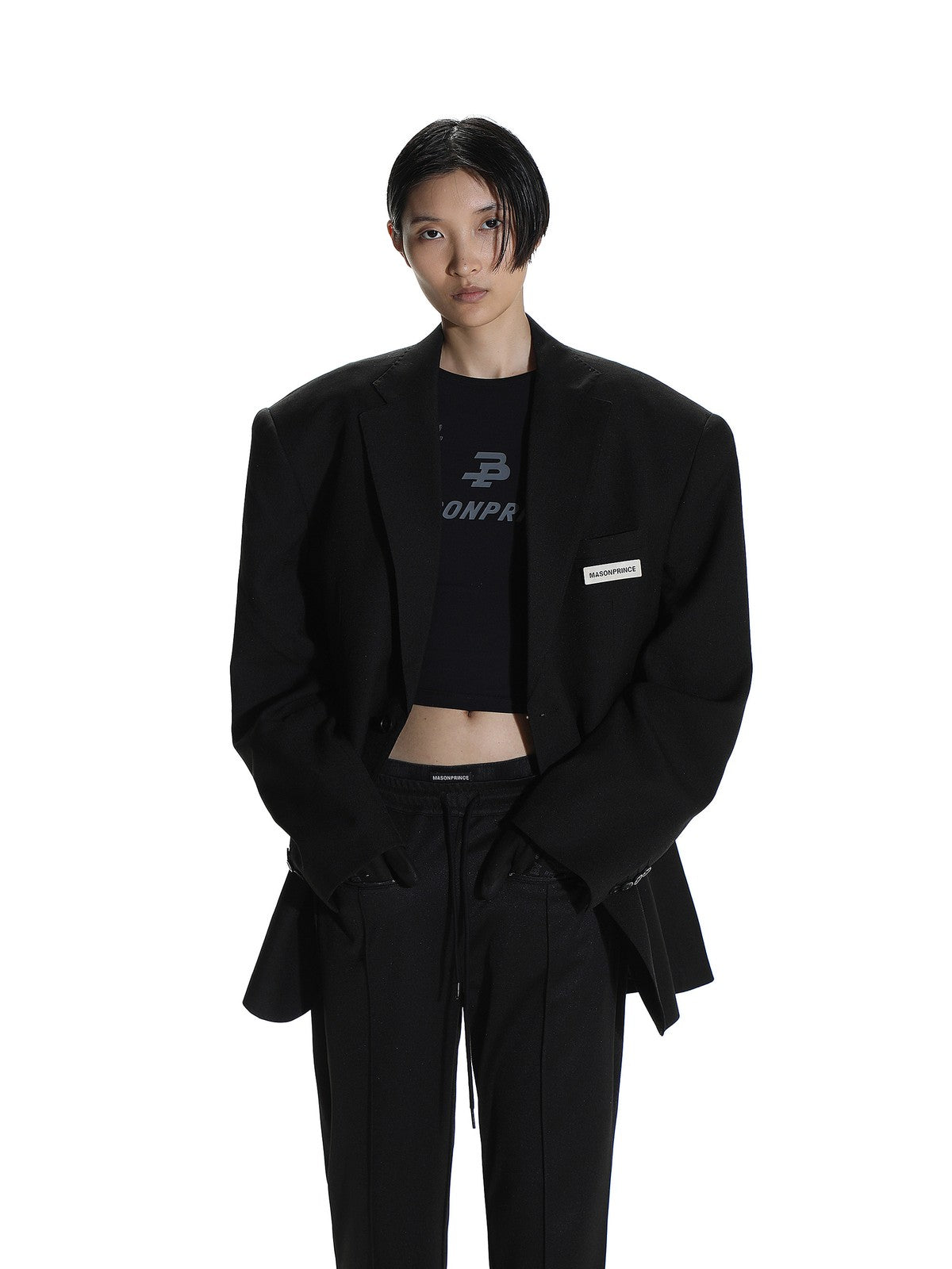 MASONPRINCE Minimalist Textured Two Button Blazer in Gray - On Female Model
