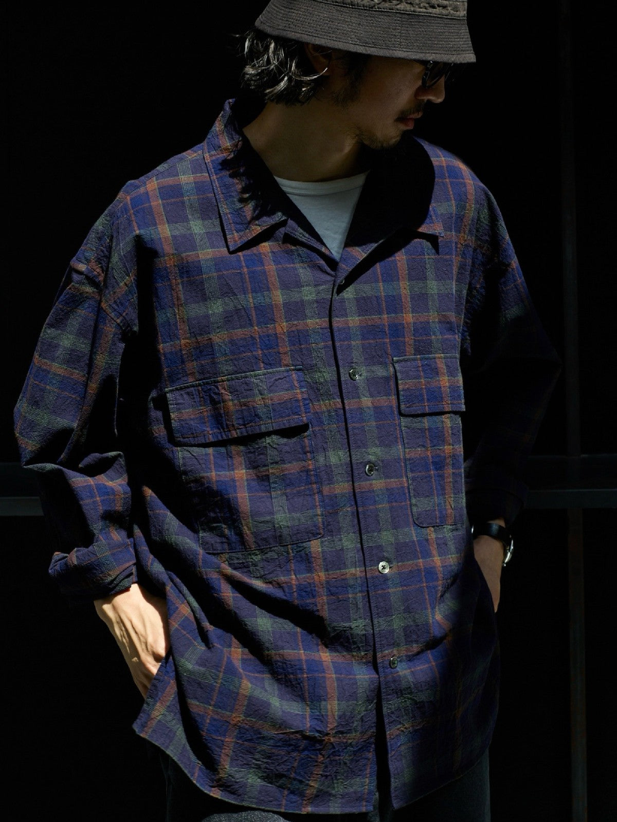 USAGE Washed Crinkle Plaid Open Collar Shirt in Navy Blue - On Male Model