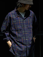 USAGE Washed Crinkle Plaid Open Collar Shirt in Navy Blue - On Male Model