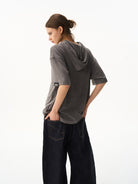 BLINDNOPLAN Hooded Short Sleeve Polo in Gray - On Female Model