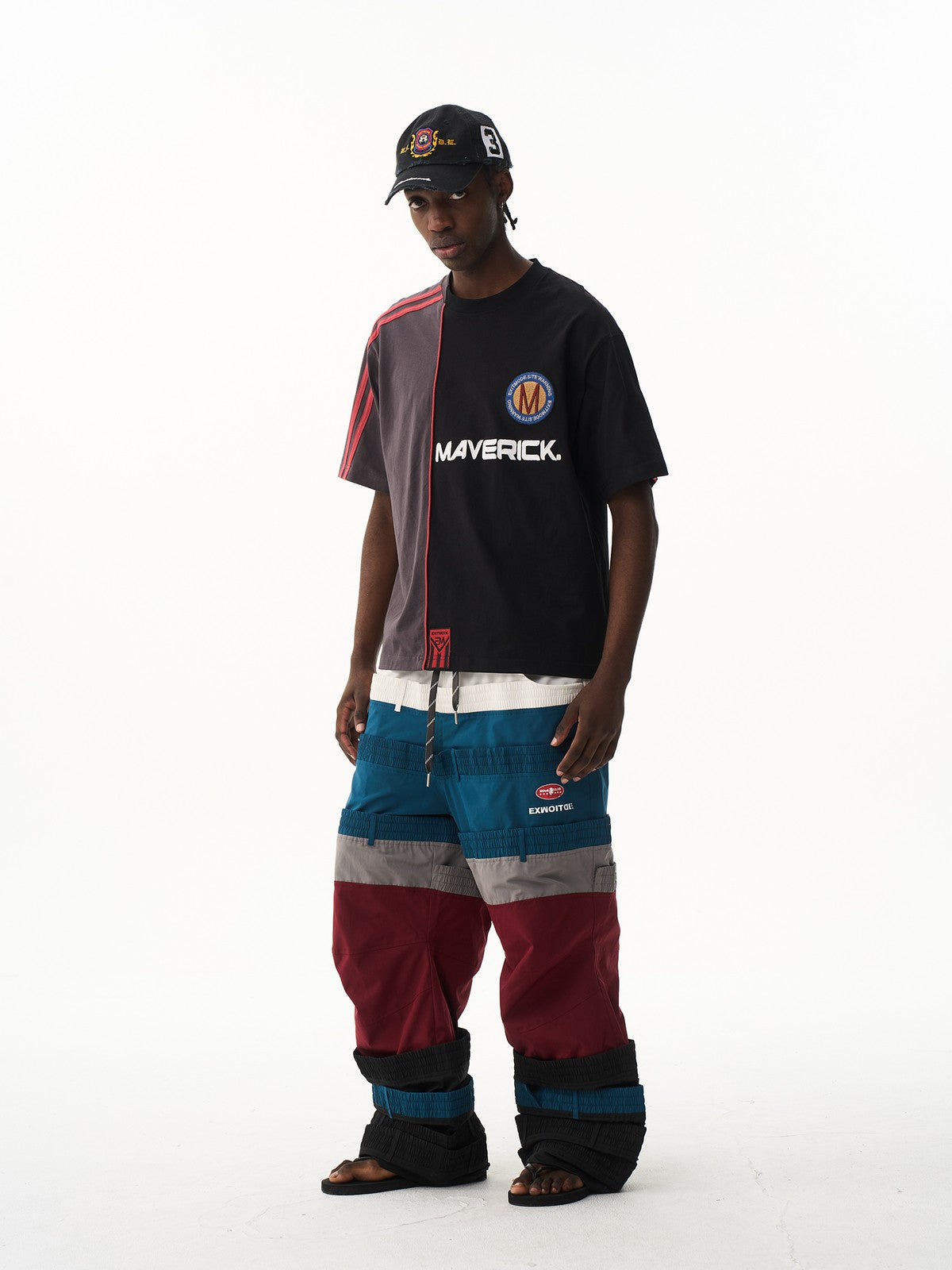 BLINDNOPLAN Panelled Embroidered Colorblock T Shirt in Black - On Male Model