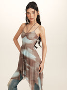 BEERBRO Tie Dye Mesh Ruched Cami Dress in Brown - On Female Model