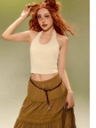 BeerBro Padded Halter Neck Crop Top in White - On Female Model