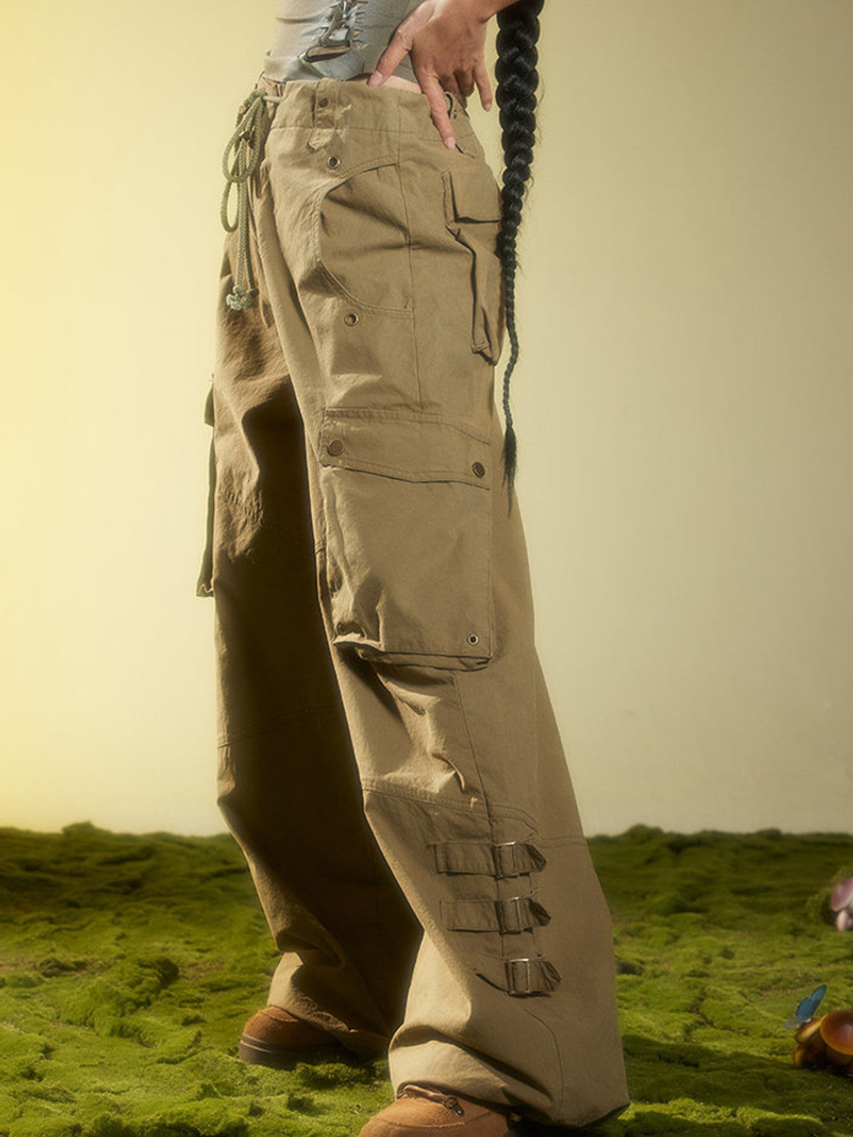 BEERBRO Washed Buckle Strap Cargo Pants in Olive - On Female Model