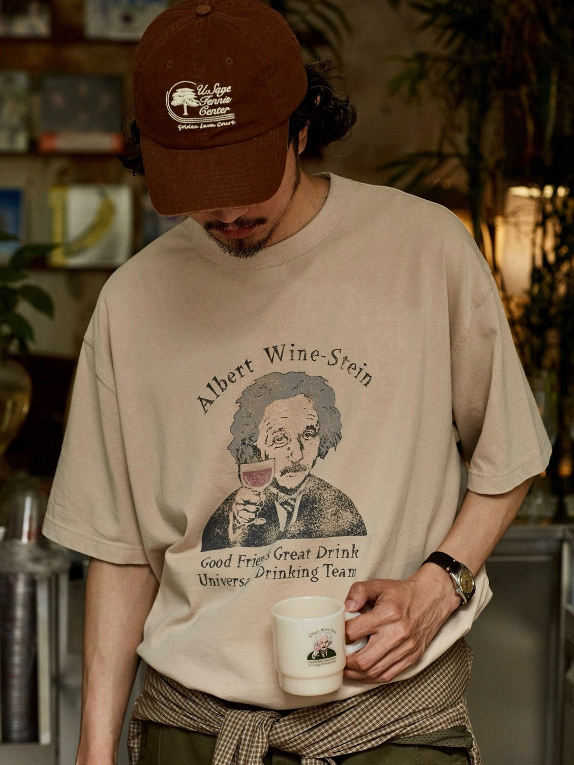 USAGE Vintage Wash Einstein Graphic T Shirt in Beige - On Male Model