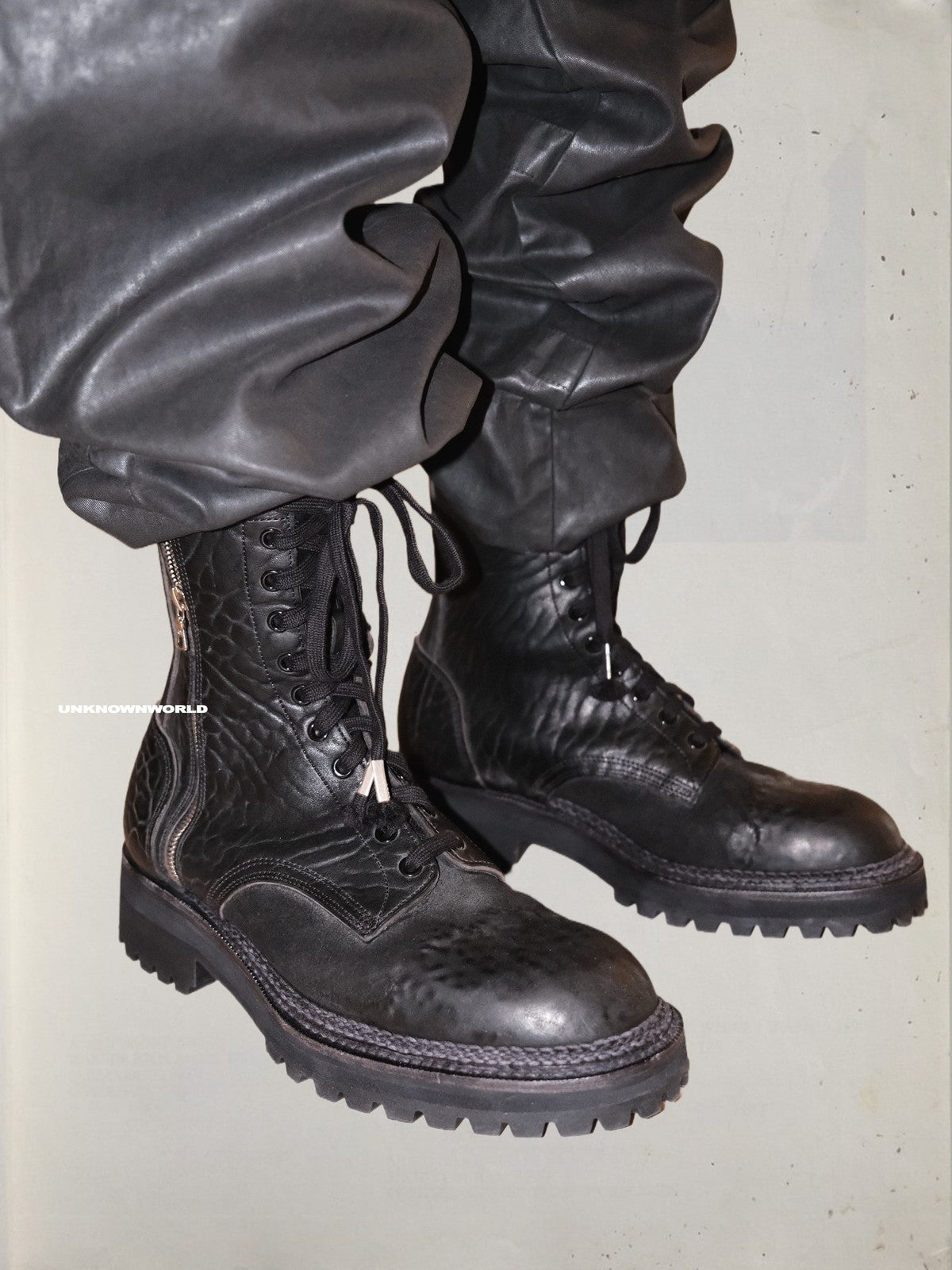 UNKNOWNWORLD Maryam Horse Leather Norwegian Welt Boots in Black - On Model