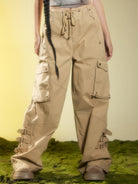 BEERBRO Drawstring Panelled Cargo Pants in Beige - On Female Model