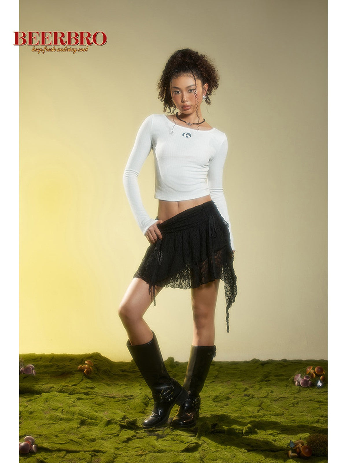 BEERBRO Ribbed Embroidered Long Sleeve Top in White - On Female Model