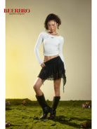 BEERBRO Ribbed Embroidered Long Sleeve Top in White - On Female Model