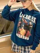 BEERBRO Retro Graphic Print Hoodie in Navy Blue - On Female Model