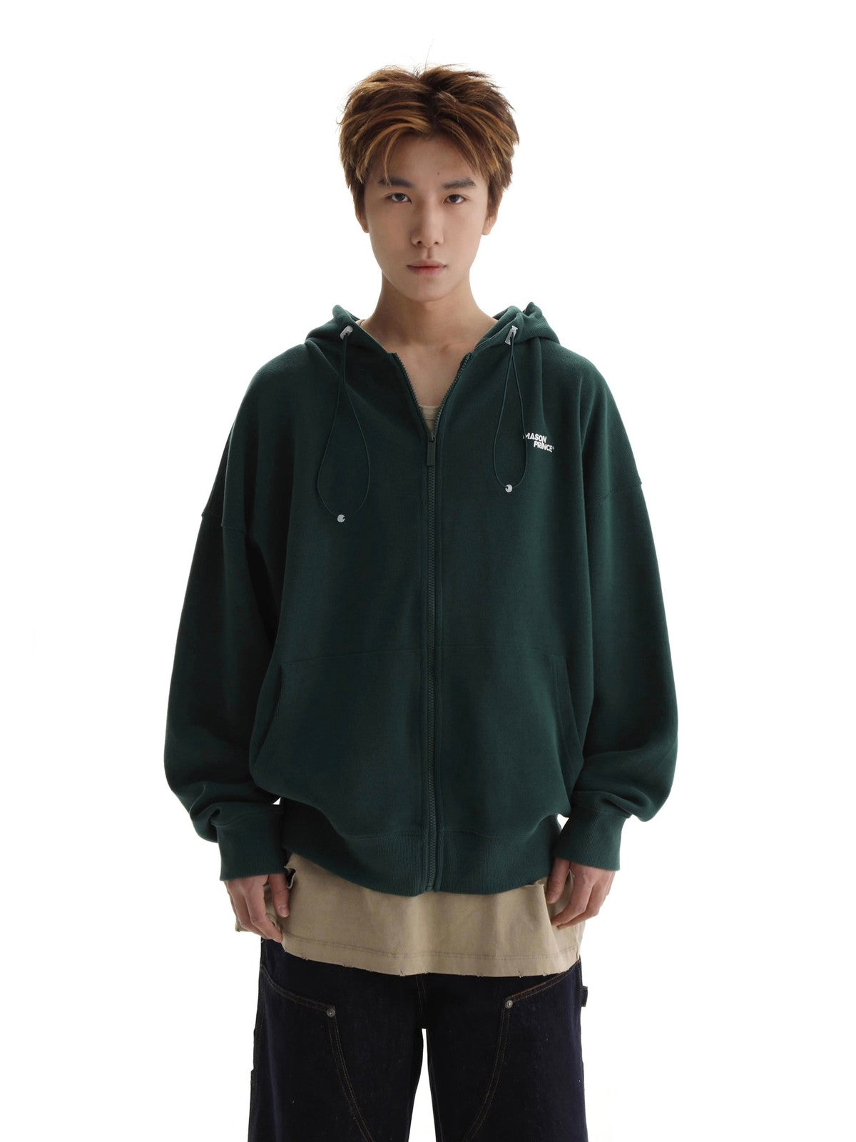 MASONPRINCE Cotton Blend Zip Up Hoodie in Green - On Male Model