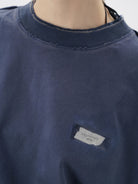 MASONPRINCE Exposed Seam Tape Print T Shirt in Navy Blue - On Model