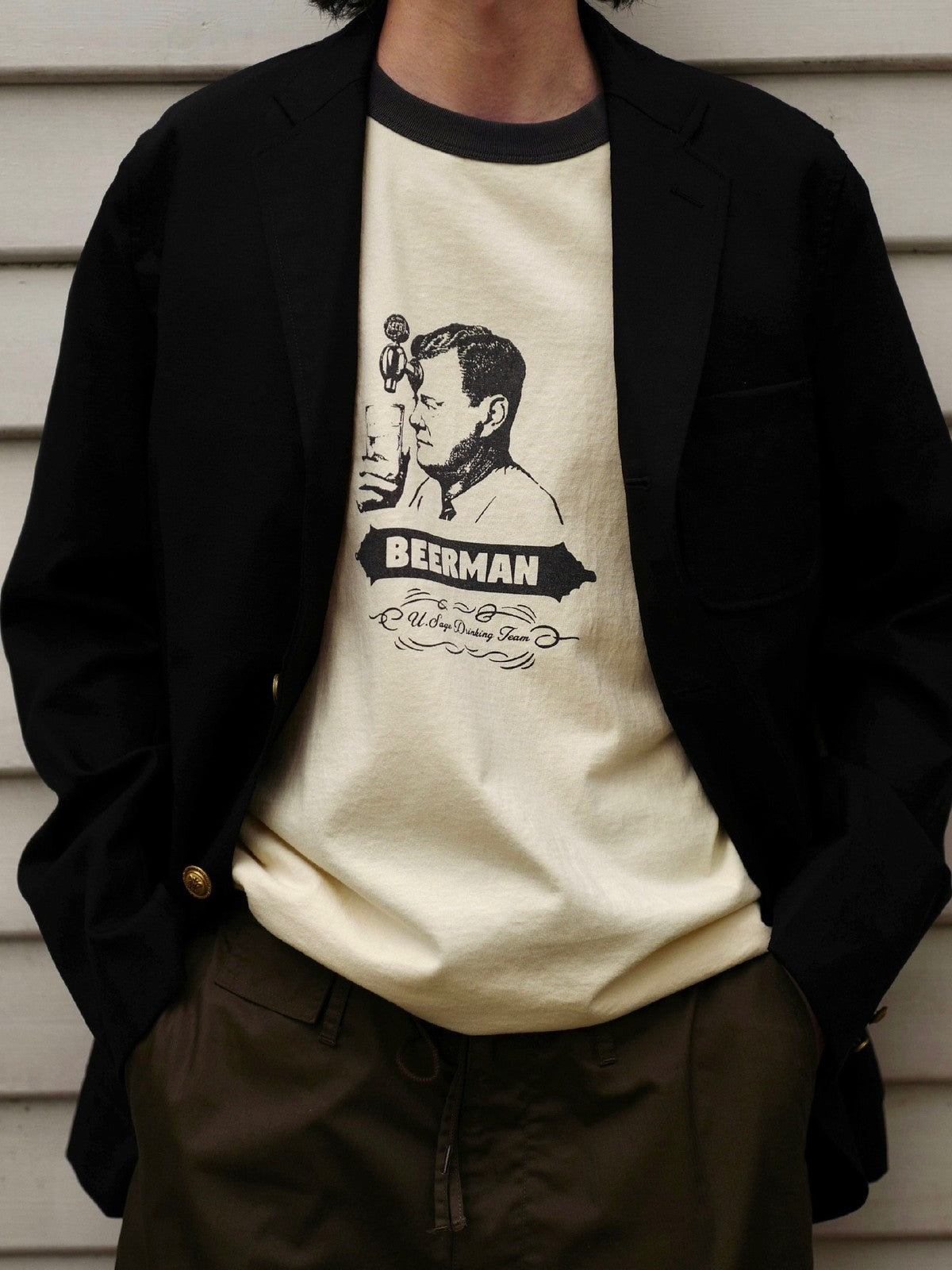 USAGE Graphic Cotton Ringer T Shirt in Cream - On Male Model
