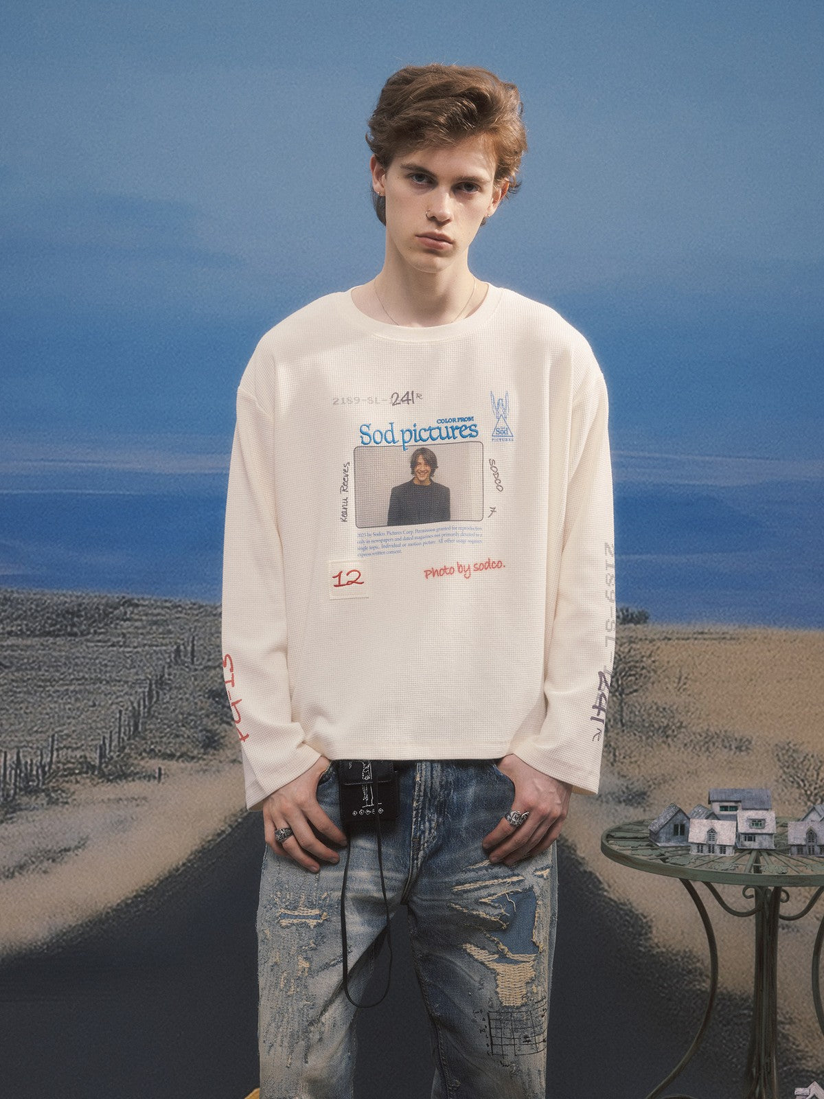 SOD Keanu Graphic Waffle Knit Top in White - On Male Model